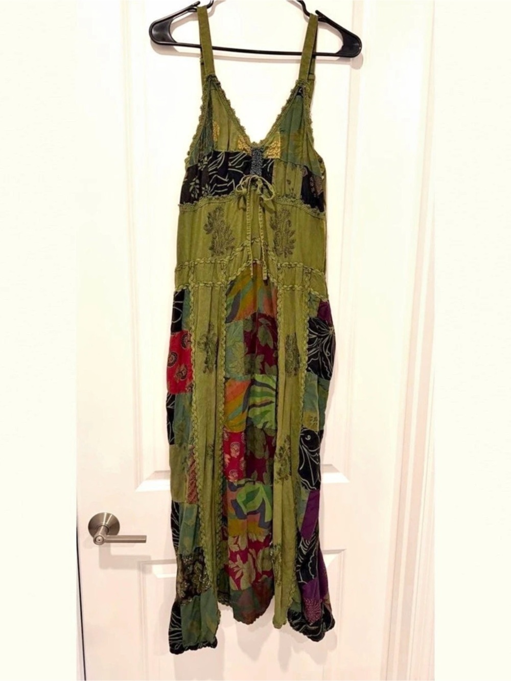 Earthbound Patchwork Maxi Dress in Green Size Medium Like New